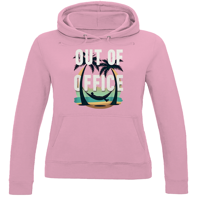 Damen Hoodie in Baby Pink mit farbenfrohem OUT OF OFFICE PRINT. Fernweh zum Anziehen? travelPrint4U.de
