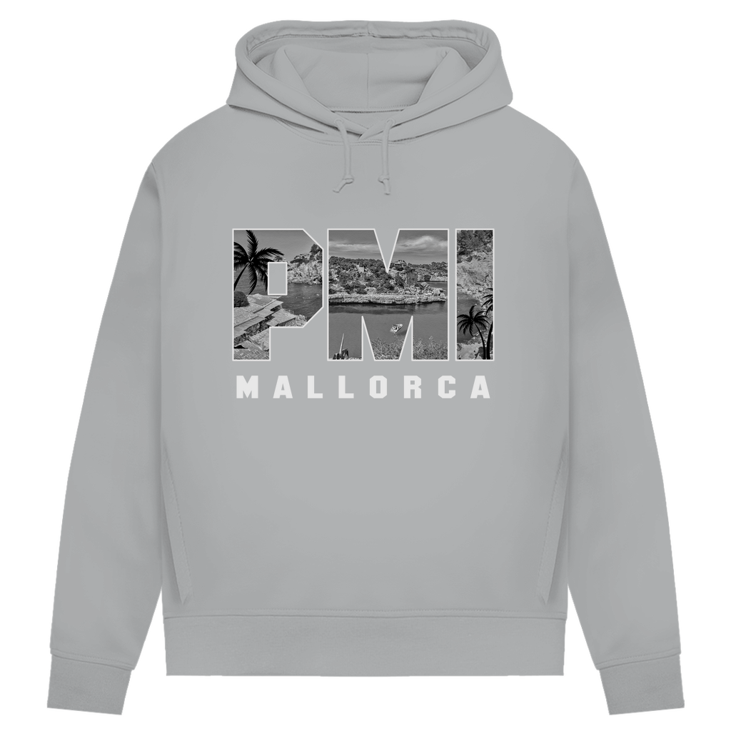 Damen Hoodie in Heather Grey und dem Print des Mallorca Airport Codes PMI. Fernweh zum Anziehen von travelPrint4U.de