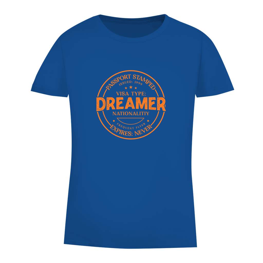 Damen T Shirt mit DREAMER (Pass Stempel) Print in orange. Stoff-Farbe: Royal Blue. Fernweh zum Anziehen? travelPrint4U.de