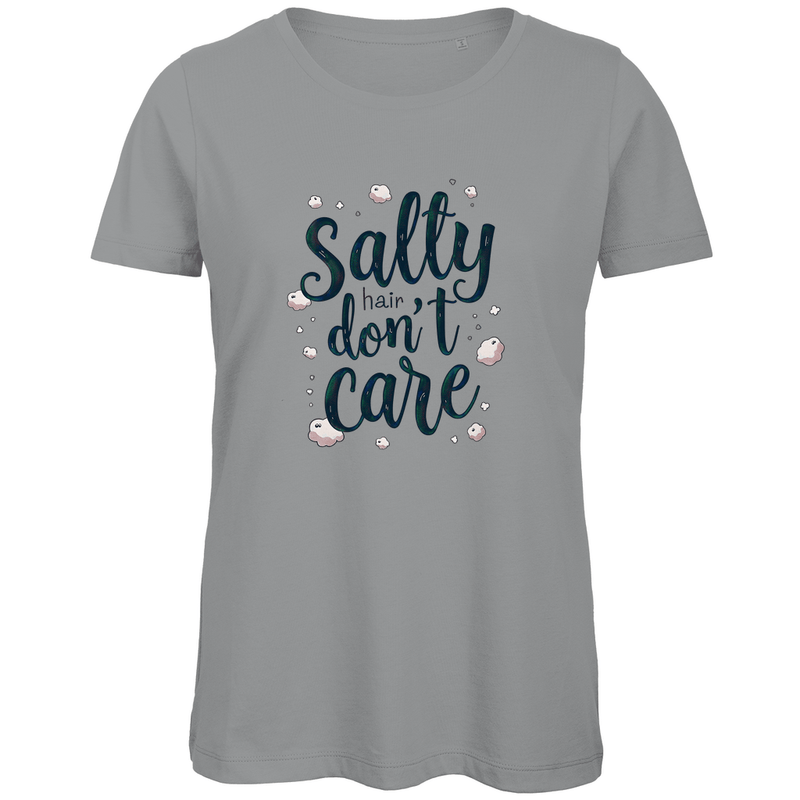 Damen T Shirt mit SALTY HAIR DON’T CARE Print. Stoff-Farbe: Sport Grey Heather. Fernweh zum Anziehen? travelPrint4U.de