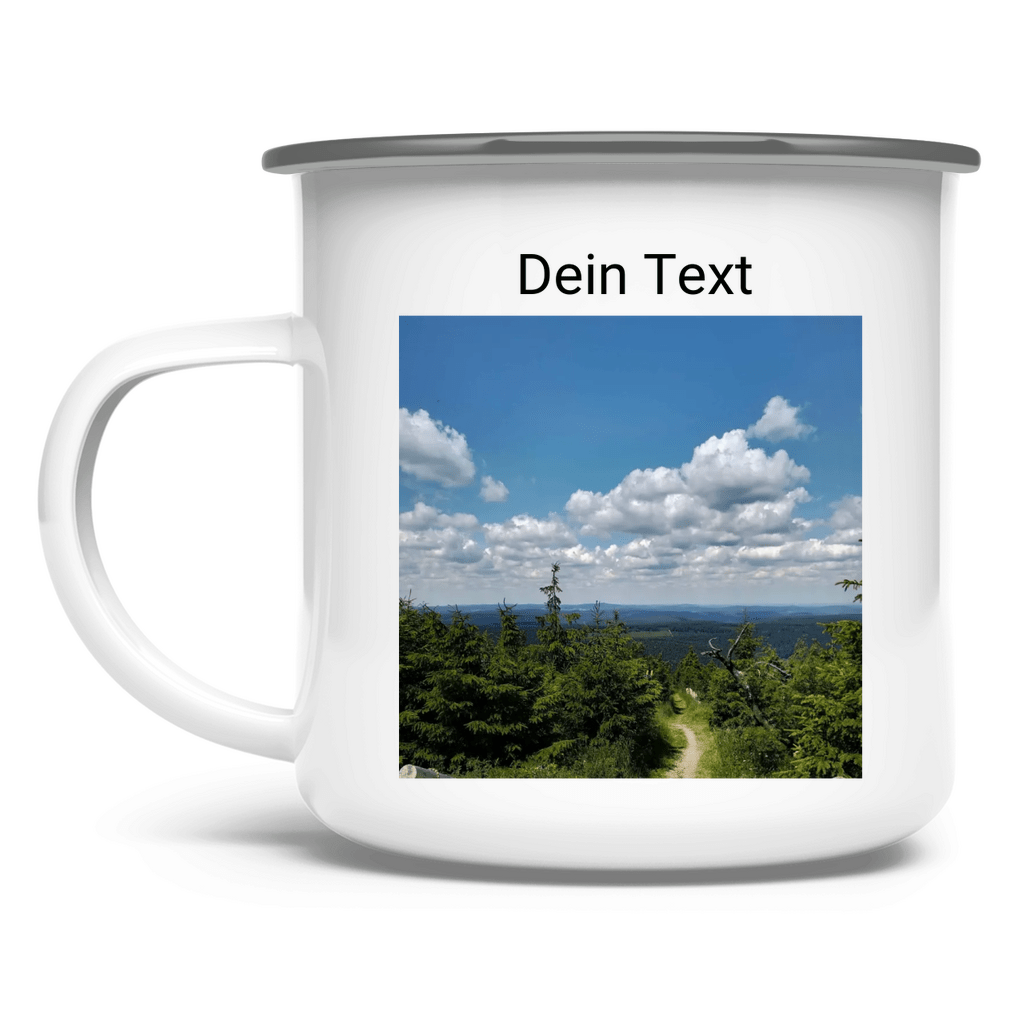 Emaille Tasse personalisierbar mit Deinem Foto und kurzem Text. Tasse weiß, Rand silber. Fernweh zum Anfassen? travelPrint4U