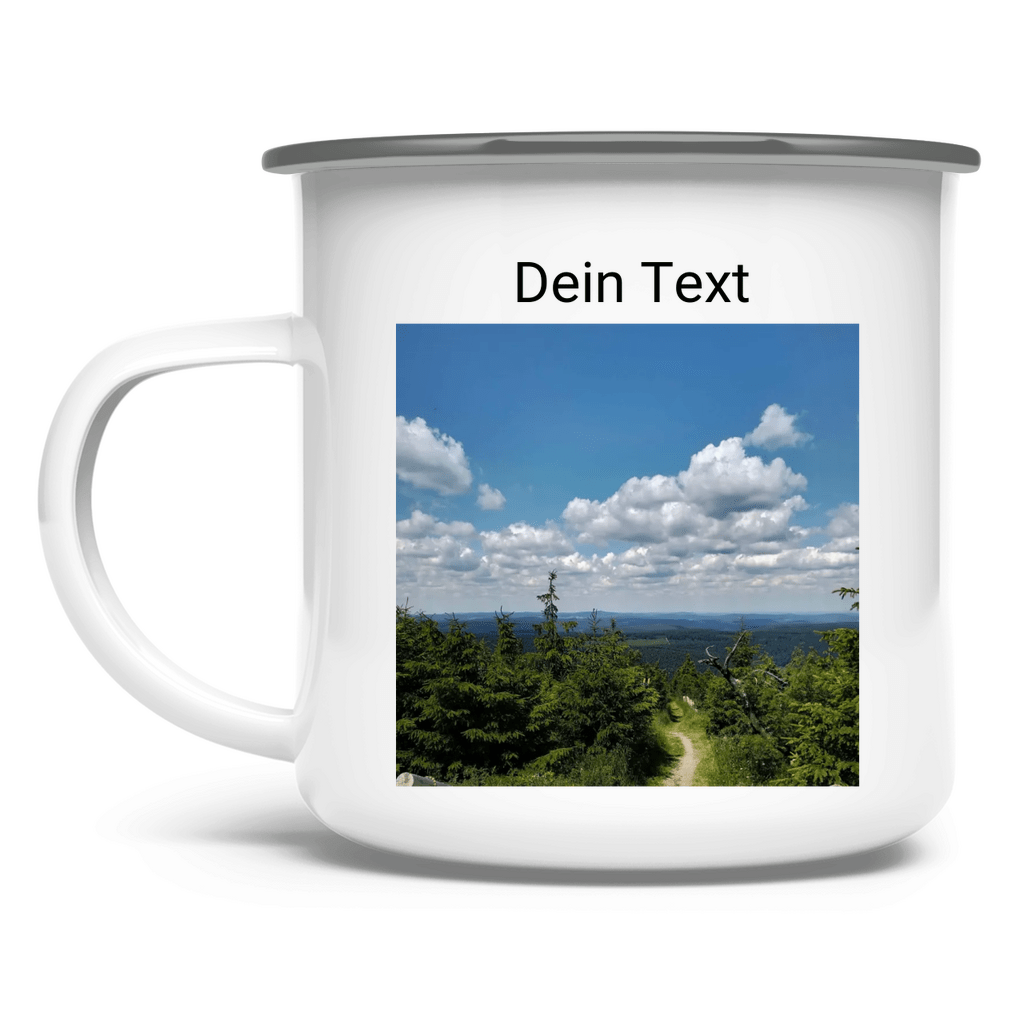 Emaille Tasse personalisierbar mit Deinem Foto und kurzem Text. Tasse weiß, Rand silber. Fernweh zum Anfassen? travelPrint4U