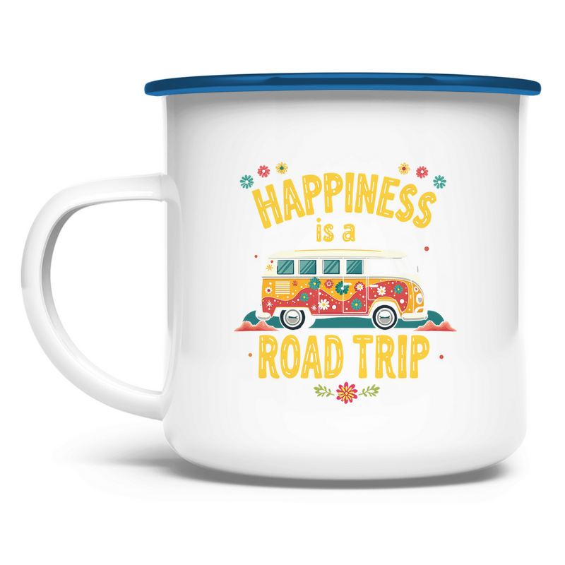 emaille-tasse_weiss-rand-blau_happiness-is-a-road-trip-print