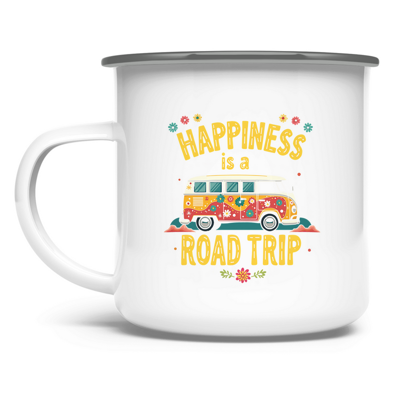 emaille-tasse_weiss-rand-silber_happiness-is-a-road-trip-print