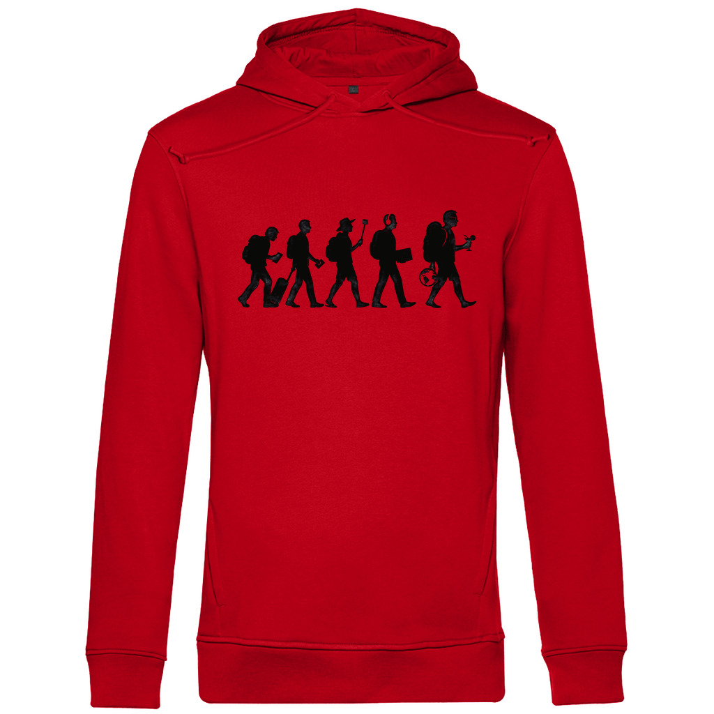 Herren Hoodie mit TOURIST EVOLUTION Print in schwarz. Stoff-Farbe: Red. Fernweh mal Lustig? travelPrint4U.de