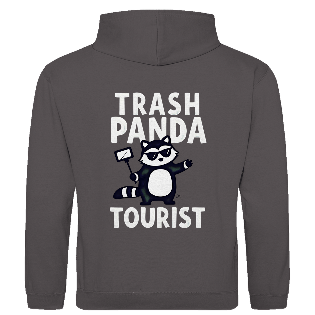 Herren Hoodie mit Waschbär Meme, Panda mit Selfie-Stick. Stoff-Farbe: Charcoal Heather. Fernweh zum Anziehen? travelPrint4U