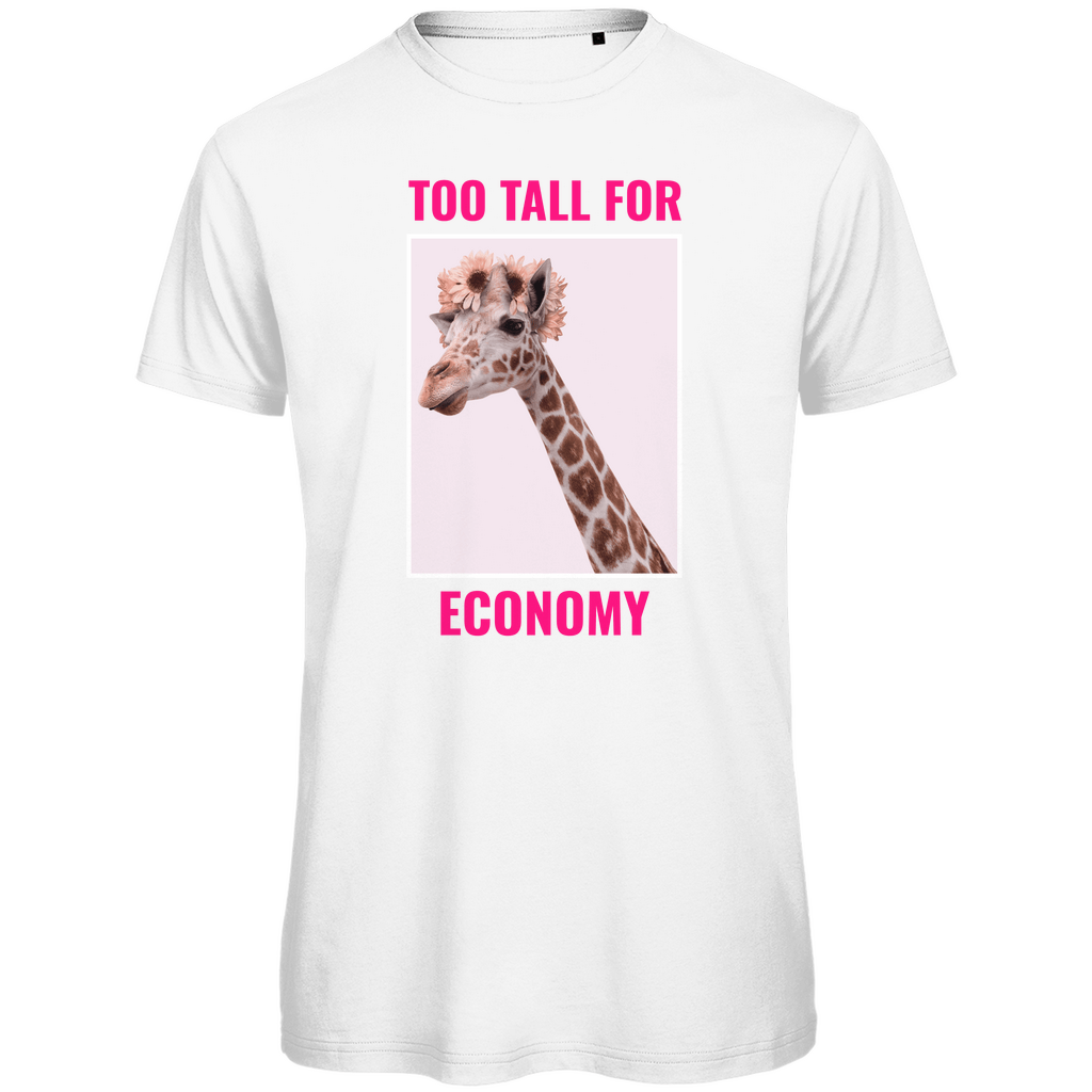 Funshirt für Herren mit Giraffe in der Farbe White. TOO TALL FOR ECONOMY Print. Fernweh zum Anziehen mit travelPrint4U.de