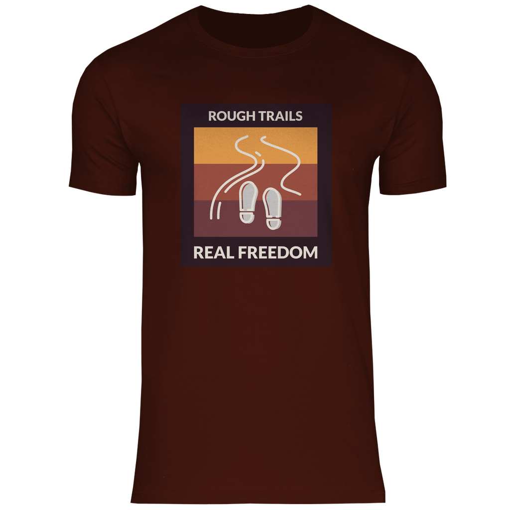 Herren T-Shirt in Brown mit ROUGH TRAILS REAL FREEDOM Print. Fernweh zum Anziehen mit travelPrint4U.de