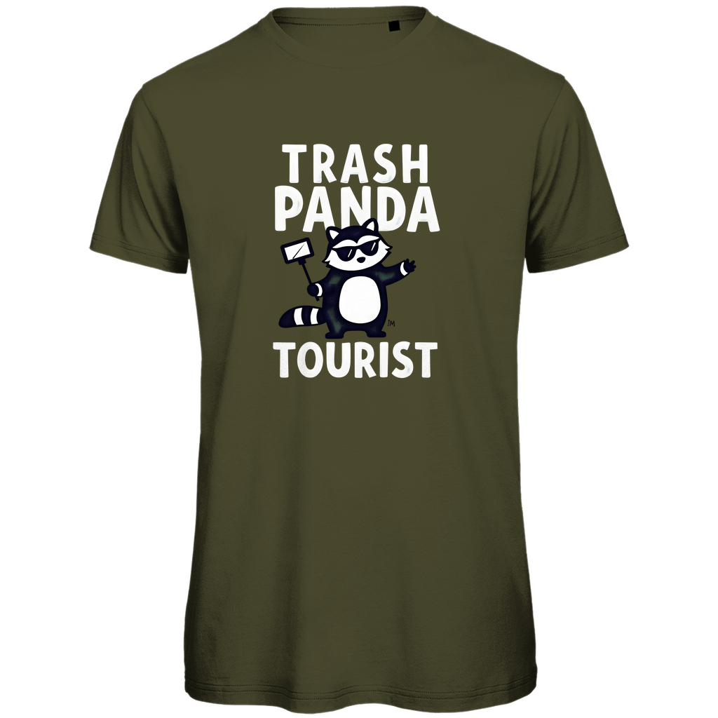 Herren Funshirt mit Selfie-Stick Panda, TRASH PANDA TOURIST. Stoff-Farbe: Khaki. Fernweh mal Lustig? travelPrint4U.de