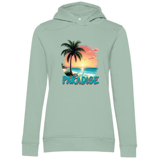 Hoodie für Damen mit farbenfrohen LOST IN PARADISE Aufdruck. Stoff-Farbe: Sage Green. Fernweh zum Anziehen? travelPrint4U.de