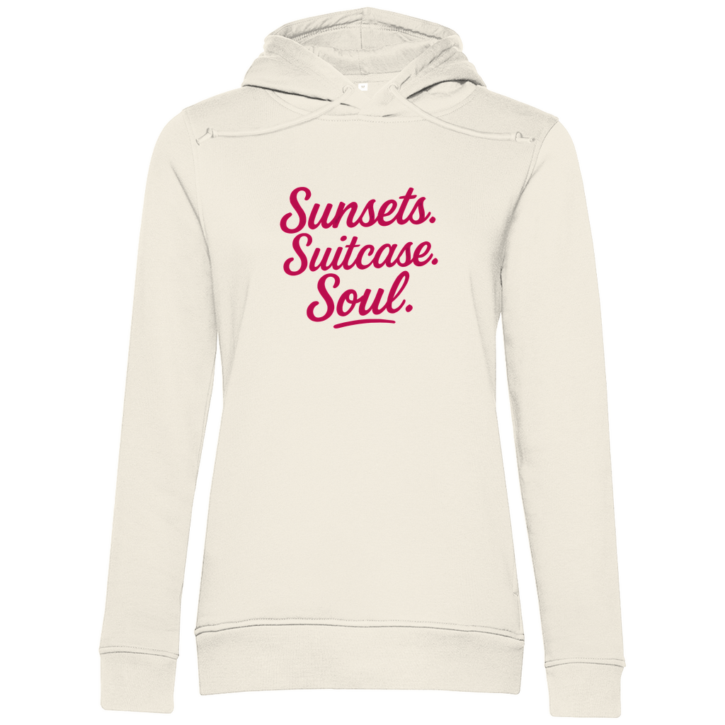 Hoodie für Damen mit Print TRAVEL QUEEN (pink). Stoff-Farbe: Off White. Fernweh zum Anziehen? travelPrint4U.de