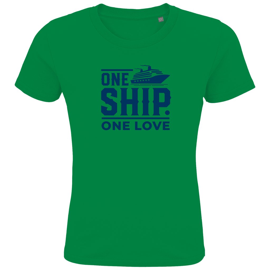 Jungs T Shirt mit blauem ONE SHIP ONE LOVE Aufdruck. Stoff-Farbe: Real Green. Fernweh zum Anziehen? travelPrint4U.de