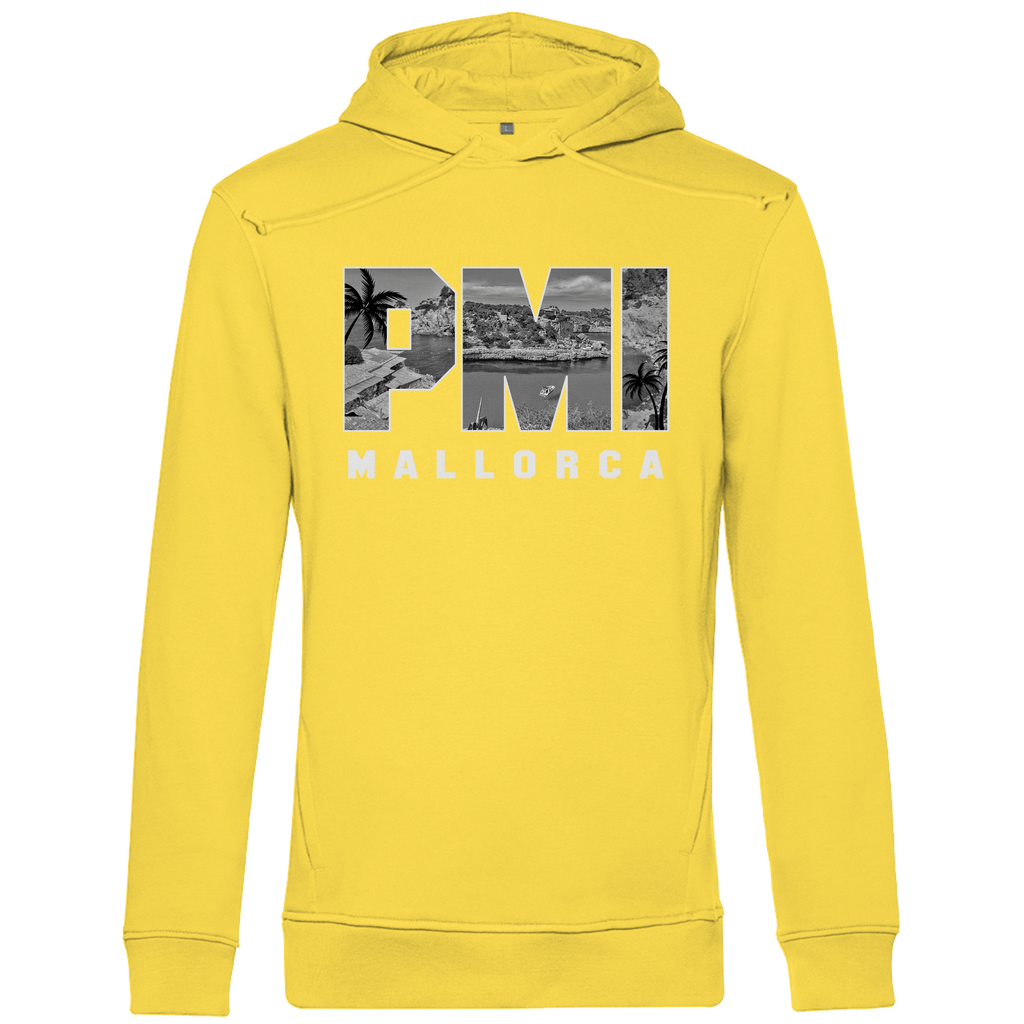 Kapuzen Pullover für Herren mit PMI Airport Code Mallorca. Farbe Yellow Fizz. Fernweh zum Anziehen von travelPrint4U.de