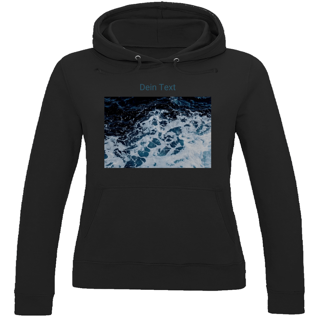 Kapuzenpulli für Damen, personalisierbar mit Foto und Text. Stoff-Farbe: Jet Black. Fernweh zum Anziehen? travelPrint4U.de