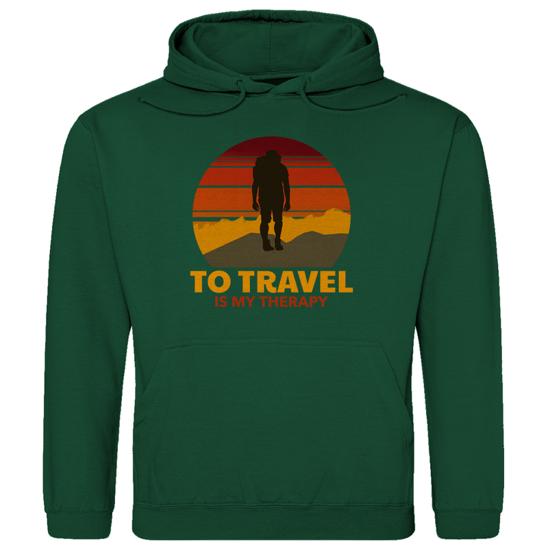 Kapuzenpulli für Herren in Bottle Green mit TO TRAVEL IS MY THERAPY Print. Fernweh zum Anziehen mit travelPrint4U.de