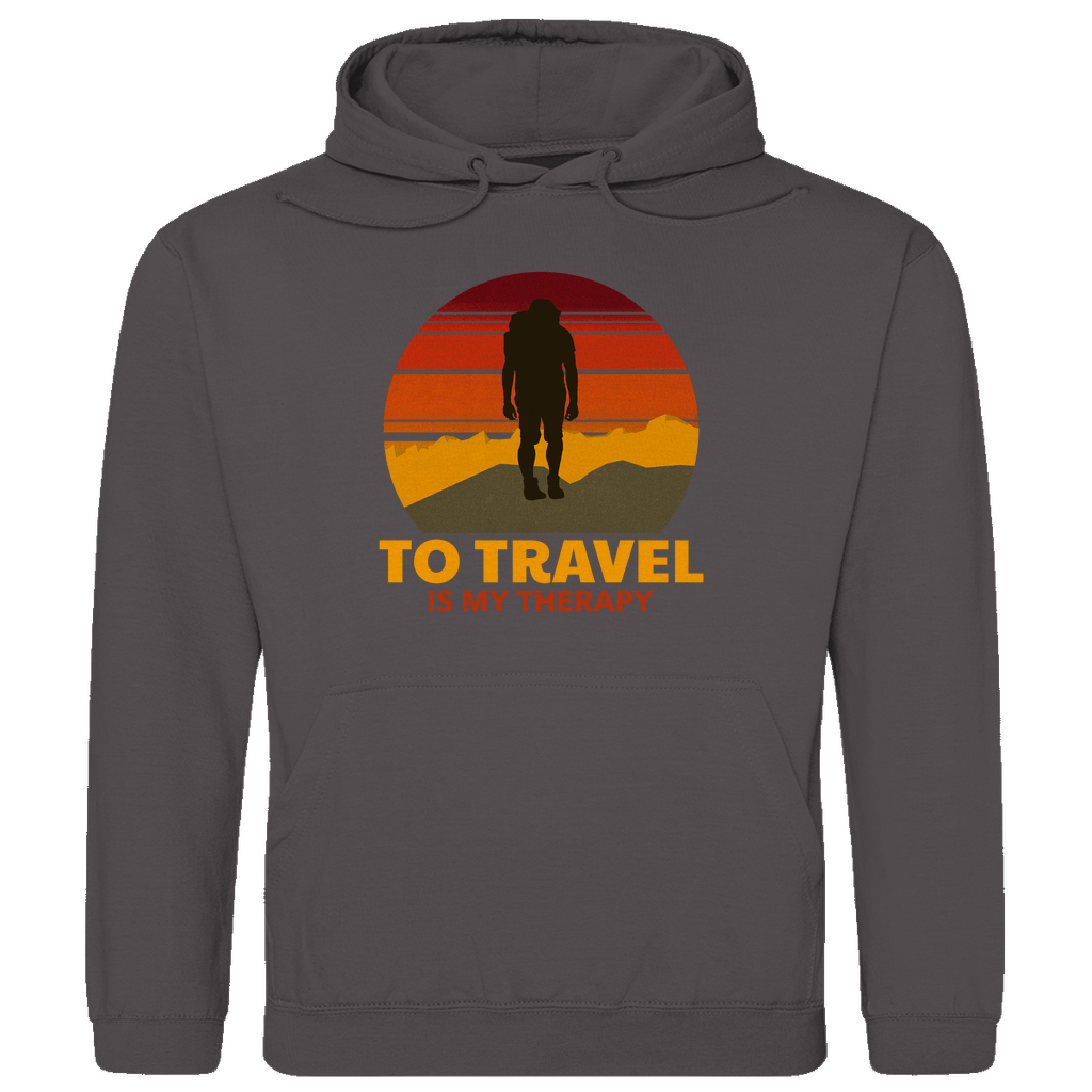 Kapuzenpulli für Herren in Charcoal Heather mit TO TRAVEL IS MY THERAPY Print. Fernweh zum Anziehen mit travelPrint4U.de
