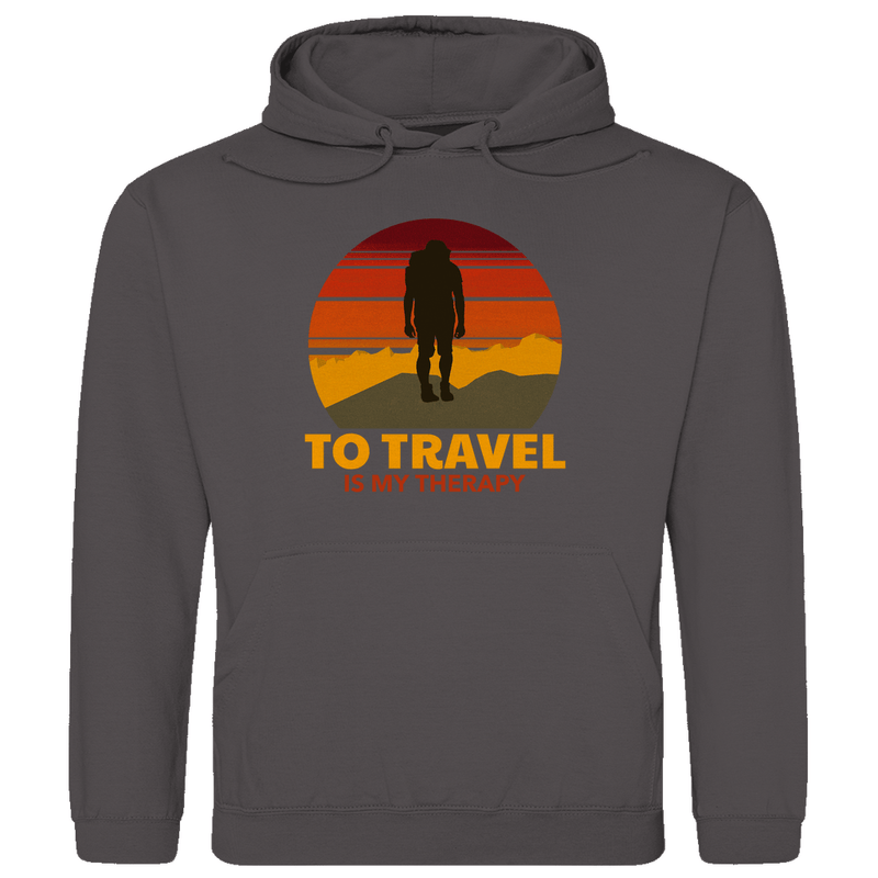 Kapuzenpulli für Herren in Charcoal Heather mit TO TRAVEL IS MY THERAPY Print. Fernweh zum Anziehen mit travelPrint4U.de