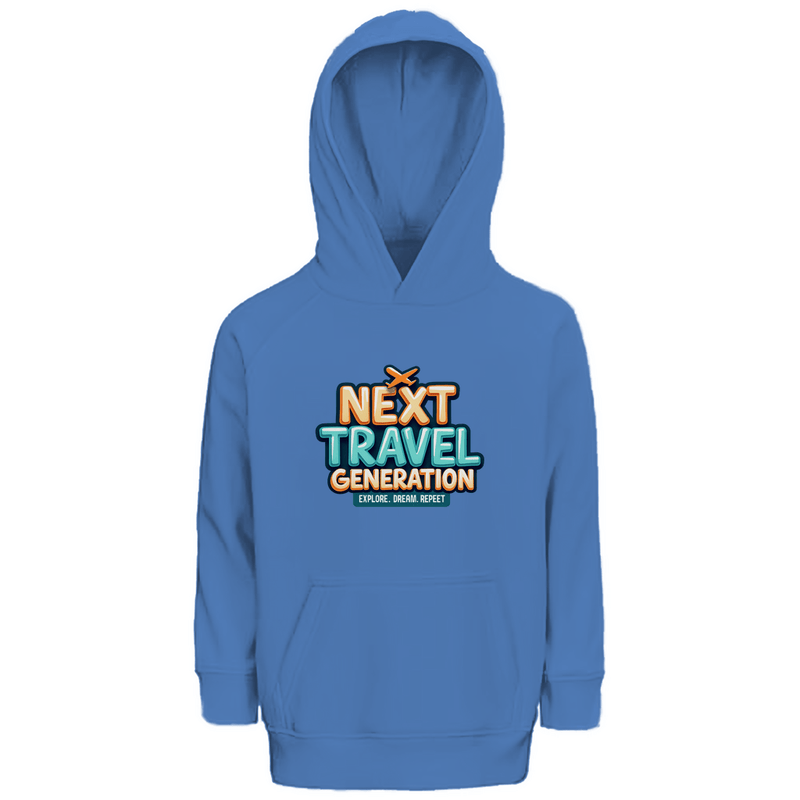 Kapuzenpulli fürs Kind mit NEXT TRAVEL GENERATION Print. Stoff-Farbe: Blue. Fernweh zum Anziehen? travelPrint4U.de