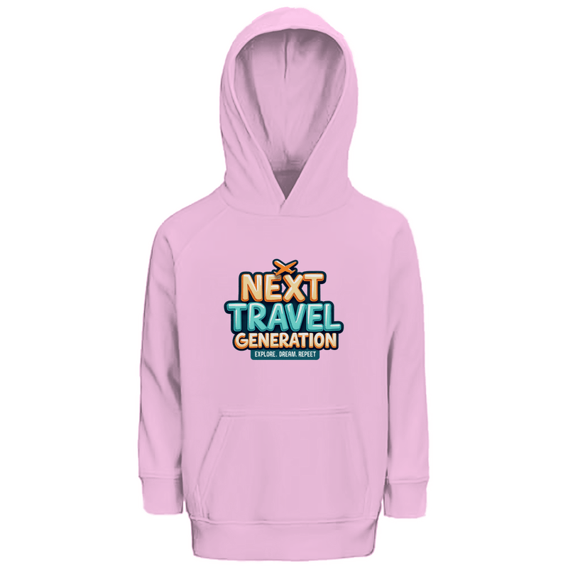 Kapuzenpulli fürs Kind mit NEXT TRAVEL GENERATION Print. Stoff-Farbe: Pale Pink. Fernweh zum Anziehen? travelPrint4U.de