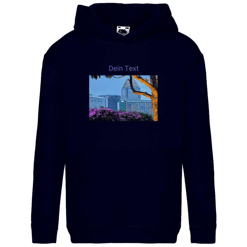 Kapuzenpulli fürs Kind, personalisierbar mit Foto + Text. Stoff-Farbe: Deep Navy. Fernweh zum Anfassen? travelPrint4U.de