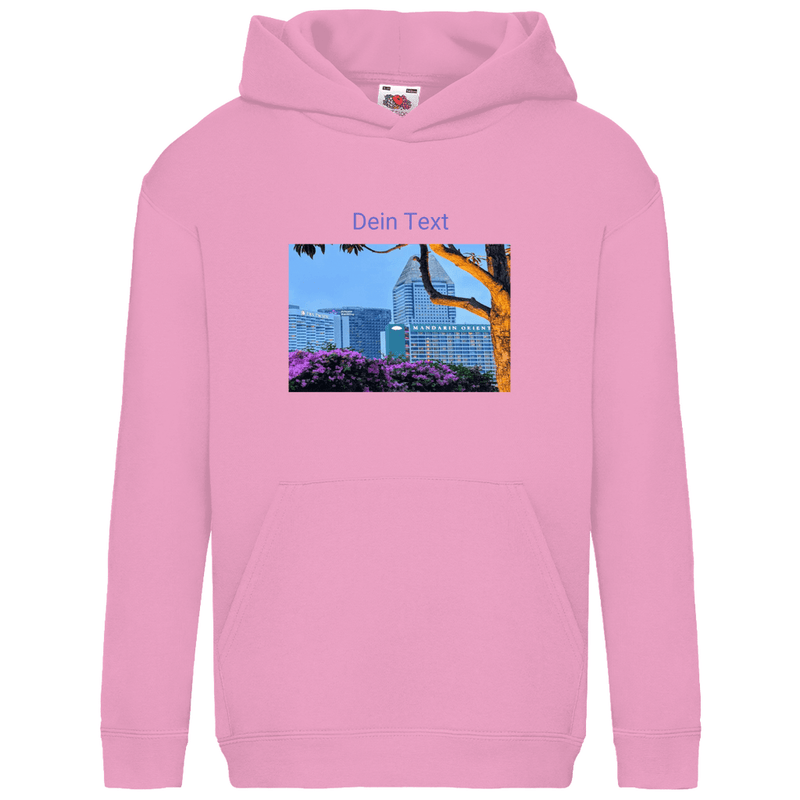 Kapuzenpulli fürs Kind, personalisierbar mit Foto + Text. Stoff-Farbe: Light Pink. Fernweh zum Anfassen? travelPrint4U.de