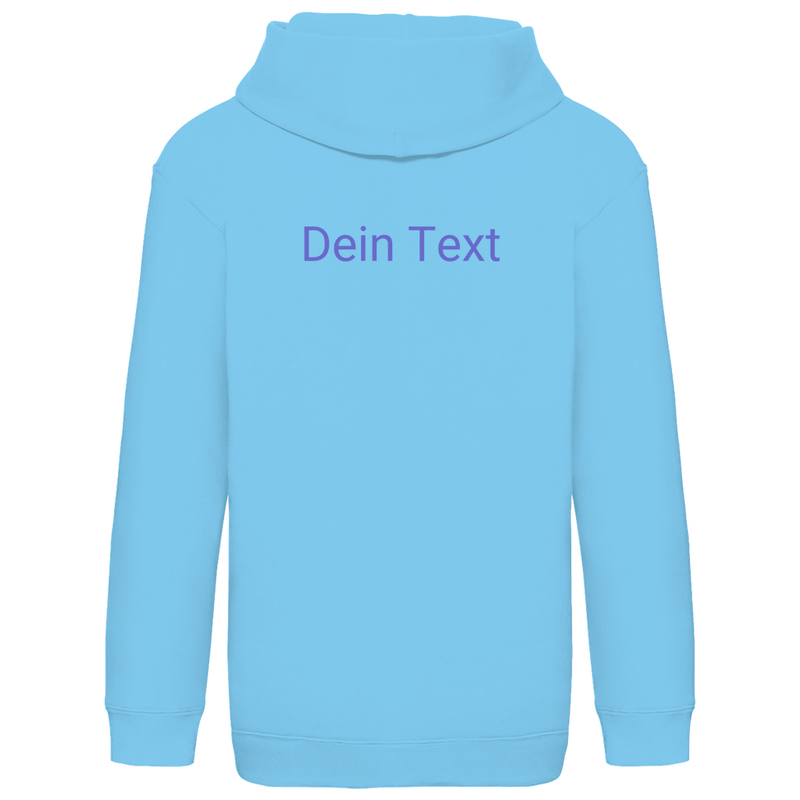 Kapuzenpulli fürs Kind, personalisierbar mit Foto + Text. Stoff-Farbe: Sky Blue. Fernweh zum Anfassen? travelPrint4U.de