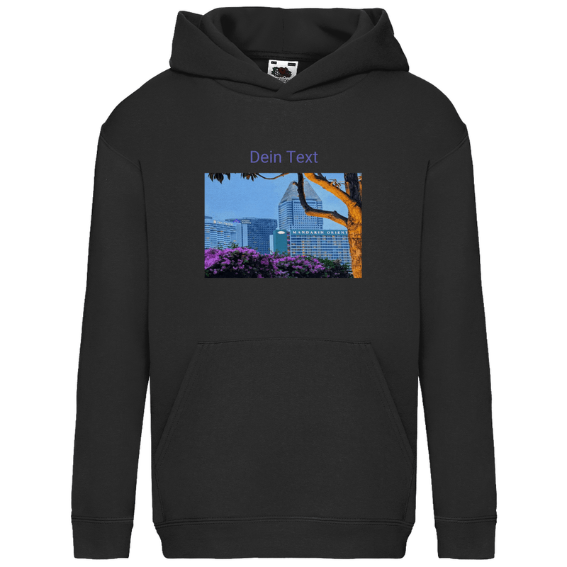Kapuzenpulli fürs Kind, personalisierbar mit Foto + Text. Stoff-Farbe: Black. Fernweh zum Anfassen? travelPrint4U.de