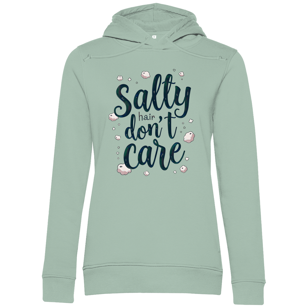 Kapuzenpullover für Damen mit Print SALTY HAIR DON’T CARE. Stoff-Farbe: Sage Green. Fernweh mal lustig? travelPrint4U.de