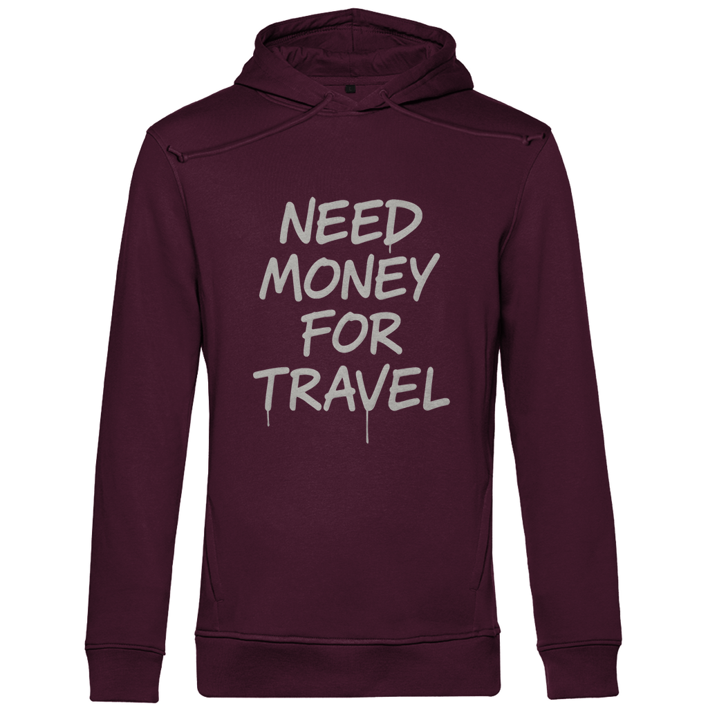 Kapuzenpullover für Herren mit NEED MONEY FOR TRAVEL Print (white). Stoff: Burgund. Fernweh zum Anziehen? travelPrint4U.de