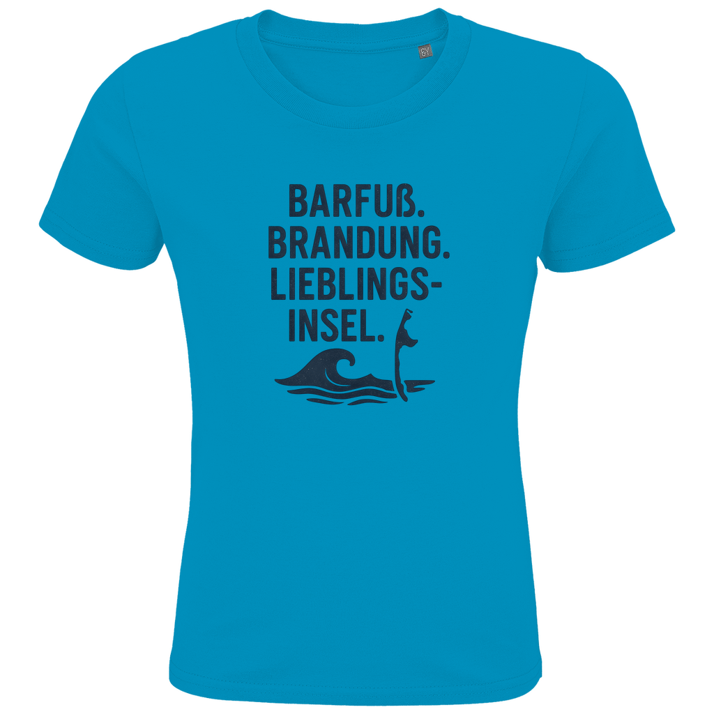 Kinder T-Shirts mit LIEBLINGSINSEL SYLT Aufdruck. Stoff-Farbe: Aqua. Fernweh zum Anziehen? travelPrint4U.de