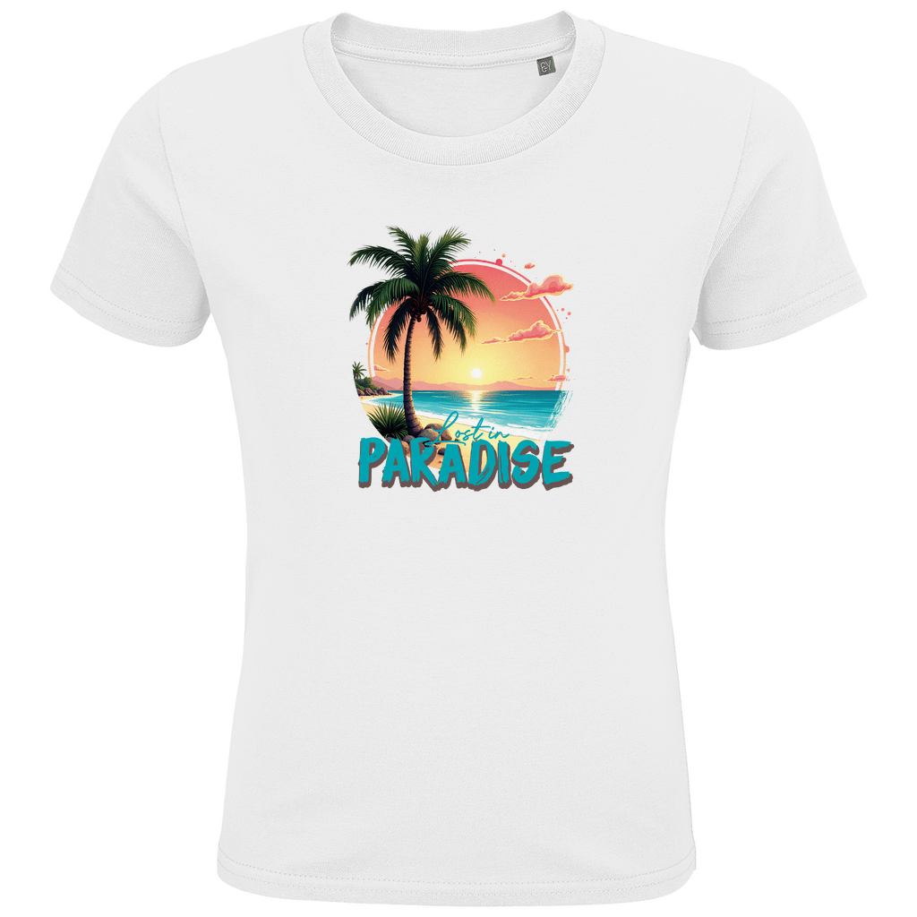 Kinder T-Shirts mit buntem LOST IN PARADISE Aufdruck. Stoff-Farbe: White. Fernweh zum Anziehen? travelPrint4U.de