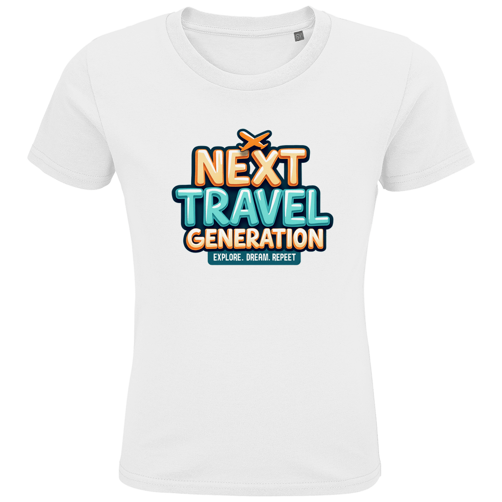 Kinder T-Shirts mit buntem NEXT TRAVEL GENERATION Aufdruck. Stoff-Farbe: White. Fernweh zum Anziehen? travelPrint4U.de