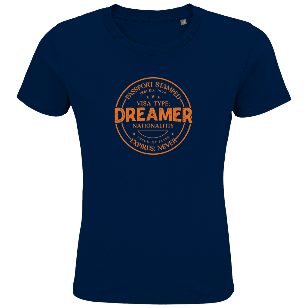 Kinder TShirts mit DREAMER (Pass Stempel) Print in orange. Stoff-Farbe: Navy. Fernweh zum Anziehen? travelPrint4U.de