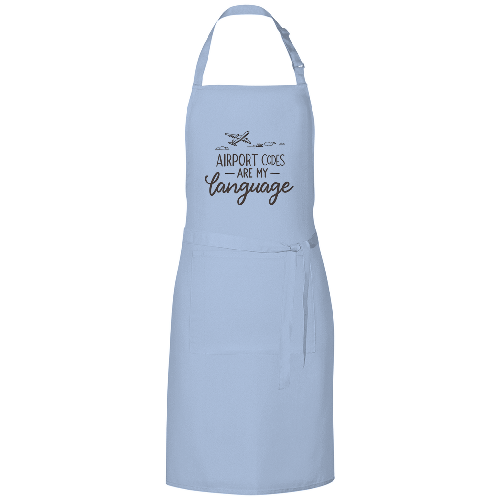 Kochschürze mit Print: AIRPORT CODES ARE MY LANGUAGE. Stoff-Farbe: Light Blue. Fernweh zum Anfassen? travelPrint4U.de
