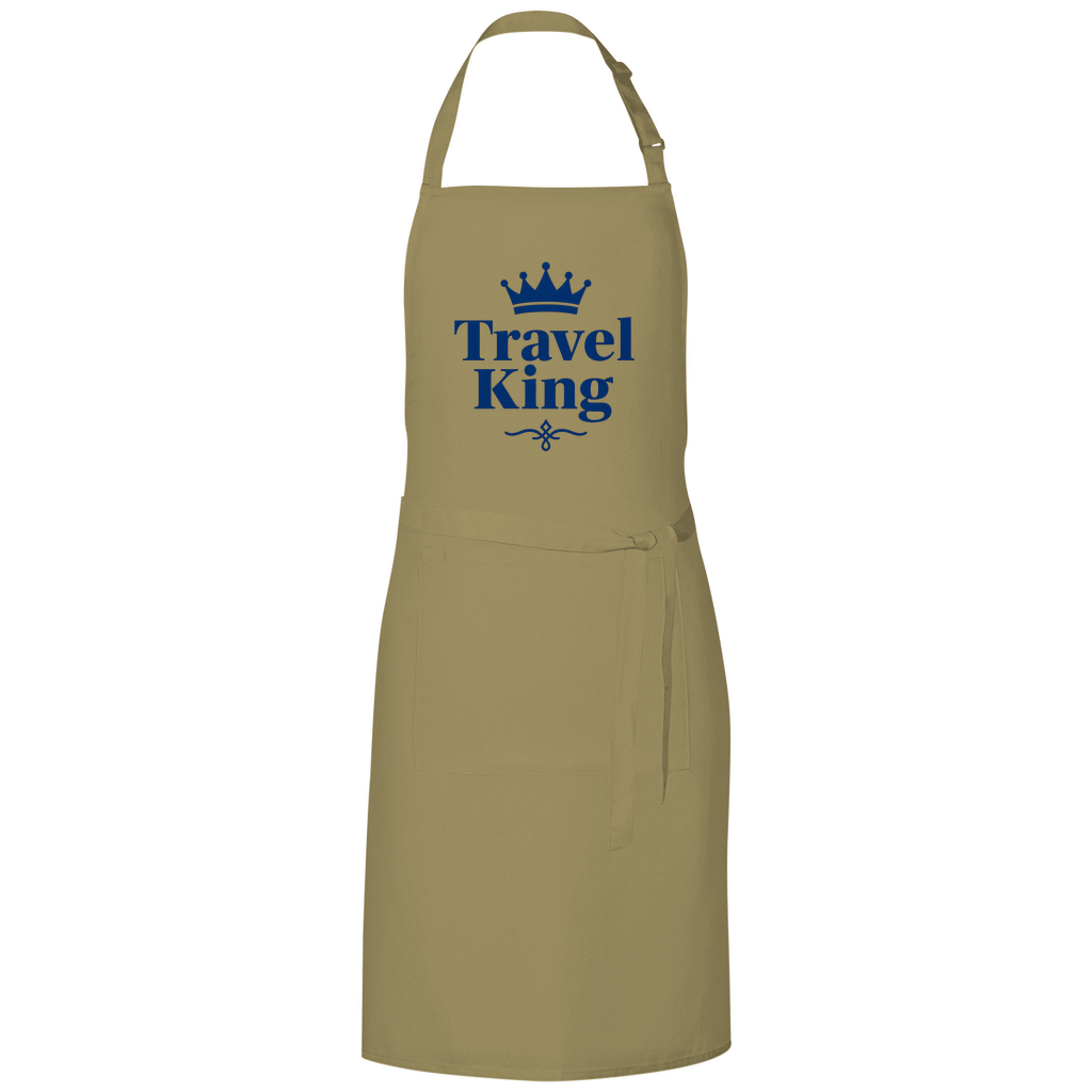 Kochschürze mit TRAVEL KING Aufdruck in blau. Stoff-Farbe: Khaki. Fernweh zum Anfassen? travelPrint4U.de