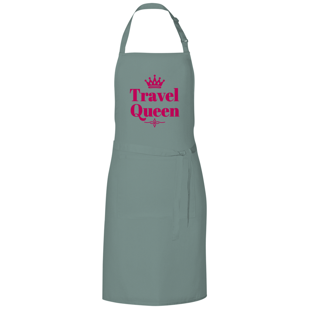 Kochschürze mit dem Aufdruck TRAVEL QUEEN (pink). Stoff-Farbe: Sage Green. Fernweh zum Anziehen? travelPrint4U.de