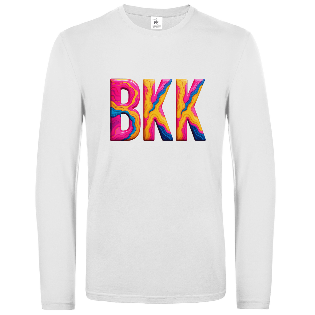 Longsleeve mit buntem BKK Print für Airport-Code BANGKOK. Stoff-Farbe: White. Fernweh zum Anziehen? travelPrint4U.de