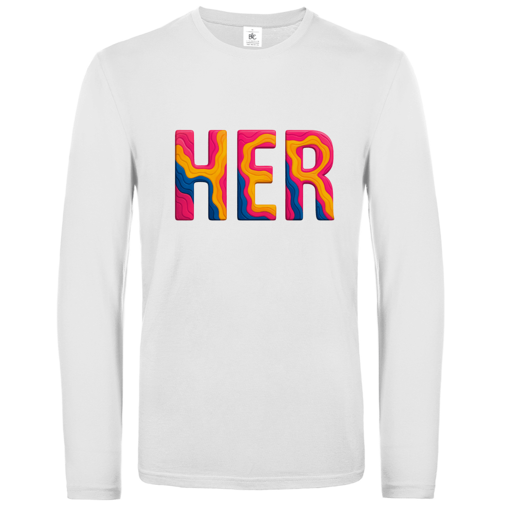 Longsleeve mit buntem HER Print für Airport-Code HERAKLION. Stoff-Farbe: White. Fernweh zum Anziehen? travelPrint4U.de
