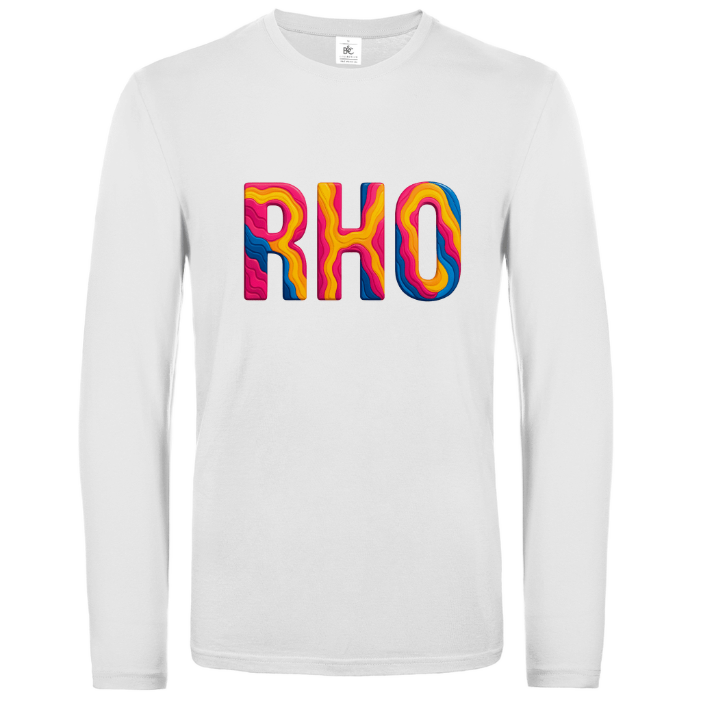 Longsleeve mit buntem RHO Print für Airport-Code RHODOS. Stoff-Farbe: White. Fernweh zum Anziehen? travelPrint4U.de