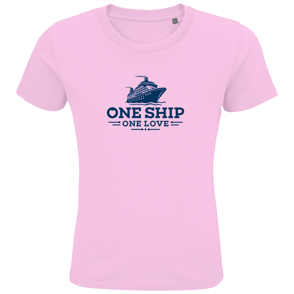 Mädchen TShirts mit blauem ONE SHIP ONE LOVE Aufdruck. Stoff-Farbe: Pale Pink. Fernweh zum Anziehen? travelPrint4U.de