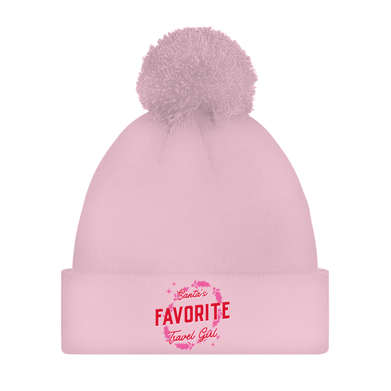Damen Pudelmütze in Pink mit Print Santa’s Favorite Travel Girl. Weihnachts Accessoire & Reise Design von travelPrint4U