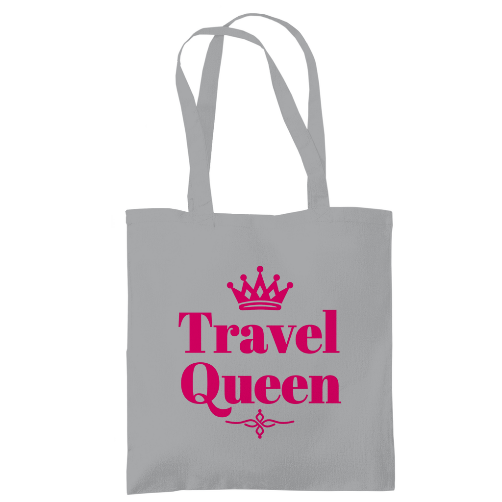 Stoffbeutel mit TRAVEL QUEEN Print in pink. Stoff-Farbe: Light Grey. Fernweh zum Anfassen? travelPrint4U.de