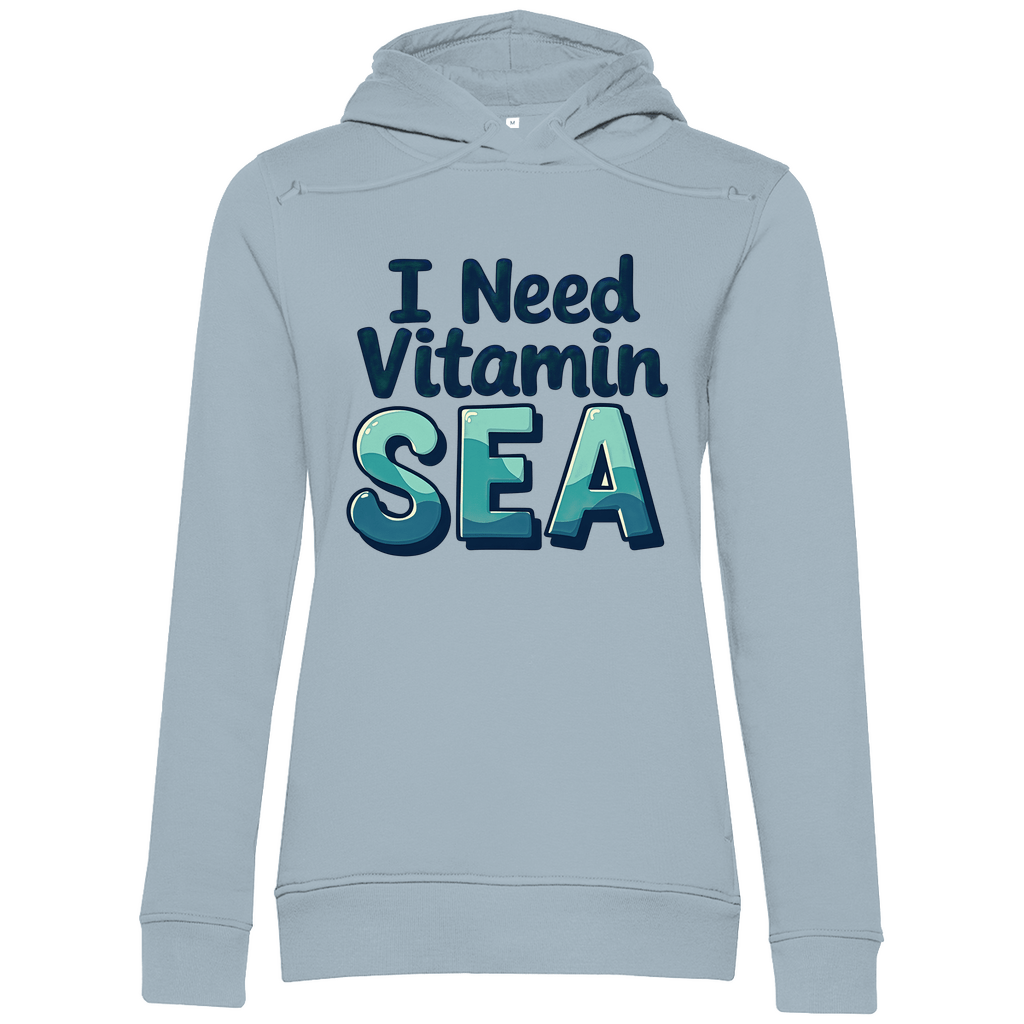 Sweatshirt mit Kapuze für Damen und Print I NEED VITAMIN SEA. Stoff-Farbe: Blue Fog. Fernweh zum Anziehen? travelPrint4U