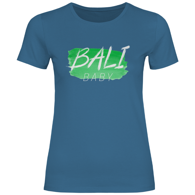 T Shirt für Damen in der Farbe Stone Blue mit BALI BABY Print in White. Fernweh zum Anziehen mit travelPrint4U.de