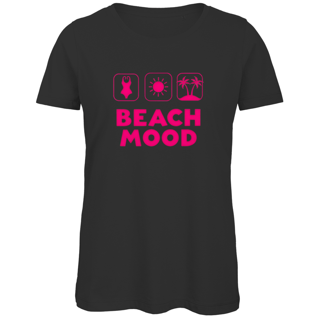 T-Shirt für Damen mit BEACH MOOD Print in Pink. Stoff-Farbe: Black. Fernweh zum Anziehen? travelPrint4U.de