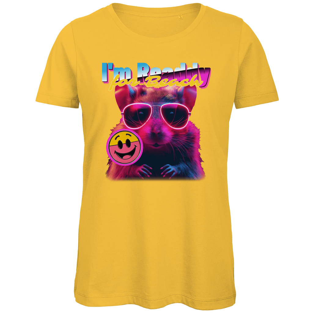 Damen Funshirt mit Hamster, I’M BEACH READDY. Bunter Print auf Gold Gelb Stoff. Fernweh zum Anziehen? travelPrint4U.de
