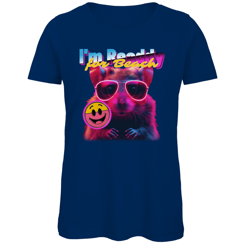 Damen Funshirt mit Hamster, I’M BEACH READDY. Bunter Print auf Navy Stoff. Fernweh zum Anziehen? travelPrint4U.de