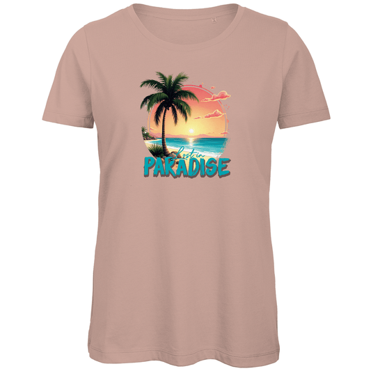 T Shirt für Damen mit farbenfrohem LOST IN PARADISE Print. Stoff-Farbe: Millennial Pink. Fernweh zum Anziehen? travelPrint4U