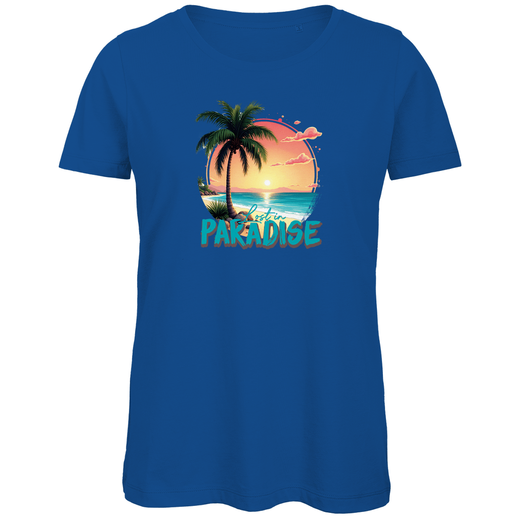 T Shirt für Damen mit farbenfrohem LOST IN PARADISE Print. Stoff-Farbe: Royal Blue. Fernweh zum Anziehen? travelPrint4U.de