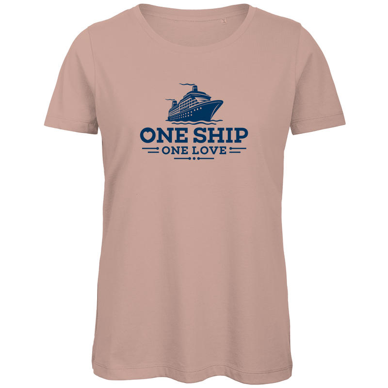 T Shirt für Damen mit ONE SHIP ONE LOVE (Herz) Print. Stoff-Farbe: Millennial Pink. Fernweh zum Anziehen? travelPrint4U.de